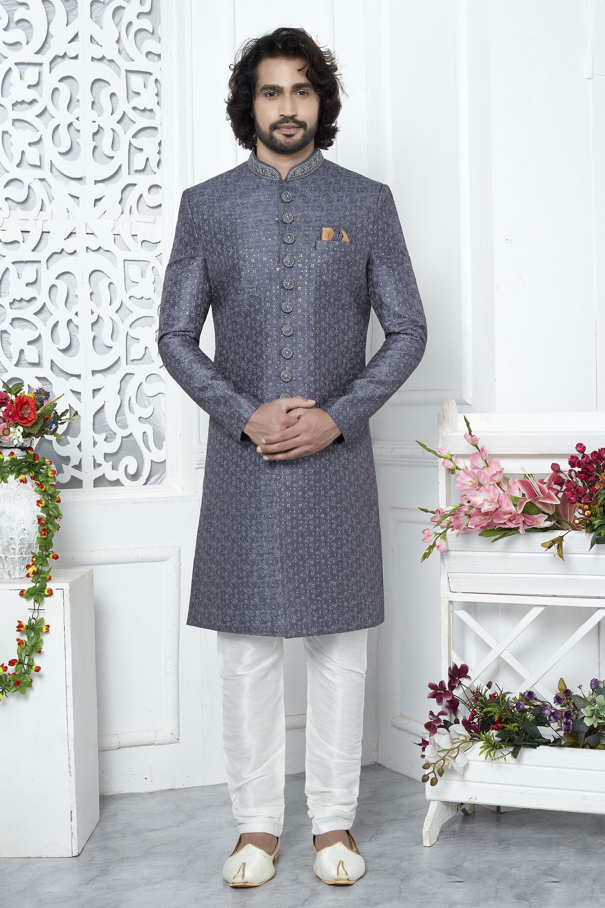 Blue Colour Art Silk Sherwani With Churidar Pant