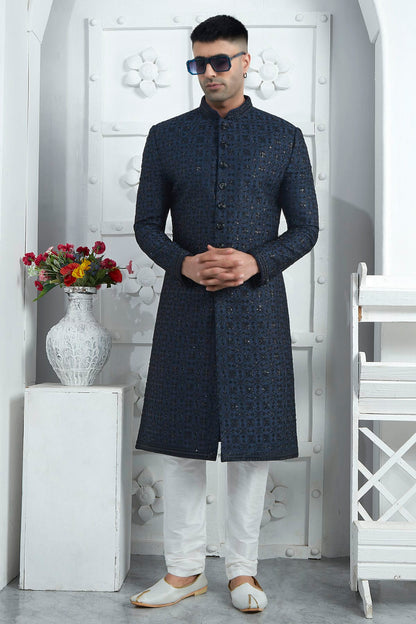 Blue Colour Art Silk Sherwani With Churidar Pant VSSH1230080