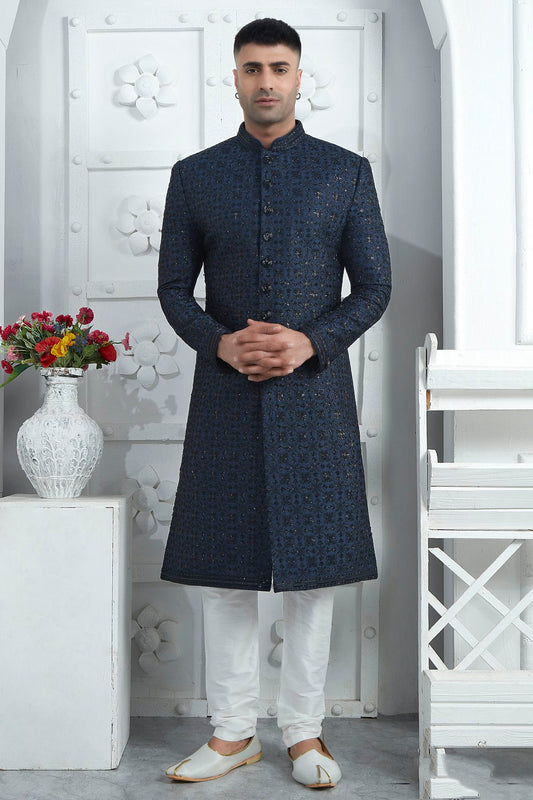 Blue Colour Art Silk Sherwani With Churidar Pant