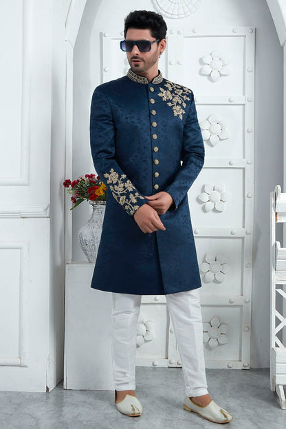 Blue Colour Art Silk Sherwani With Churidar Pant VSSH1230081