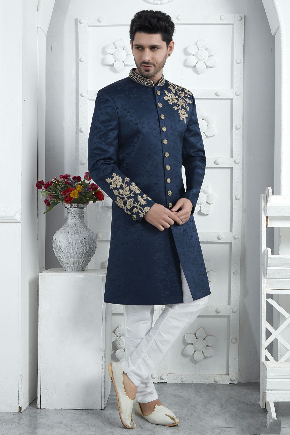 Blue Colour Art Silk Sherwani With Churidar Pant