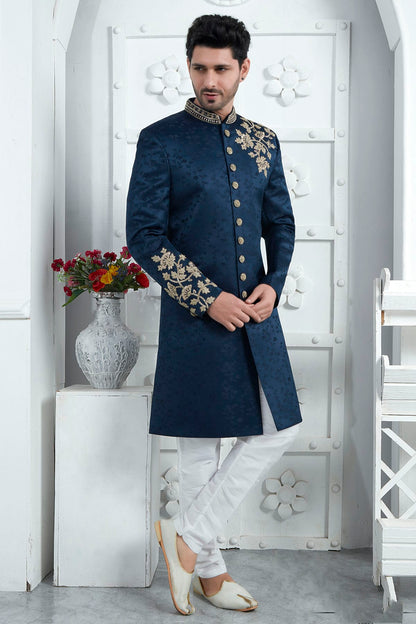 Blue Colour Art Silk Sherwani With Churidar Pant