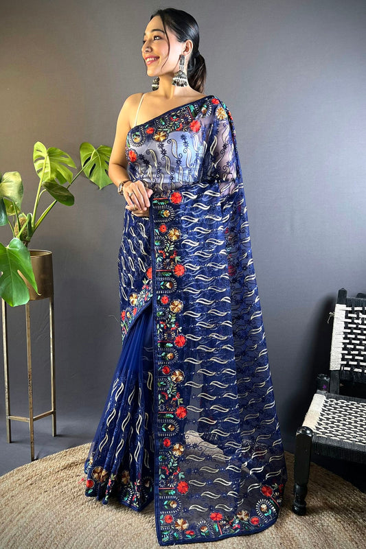 Blue Colour Butterfly Net Designer Saree