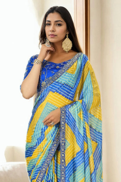 Blue Colour Chinon Printed Saree