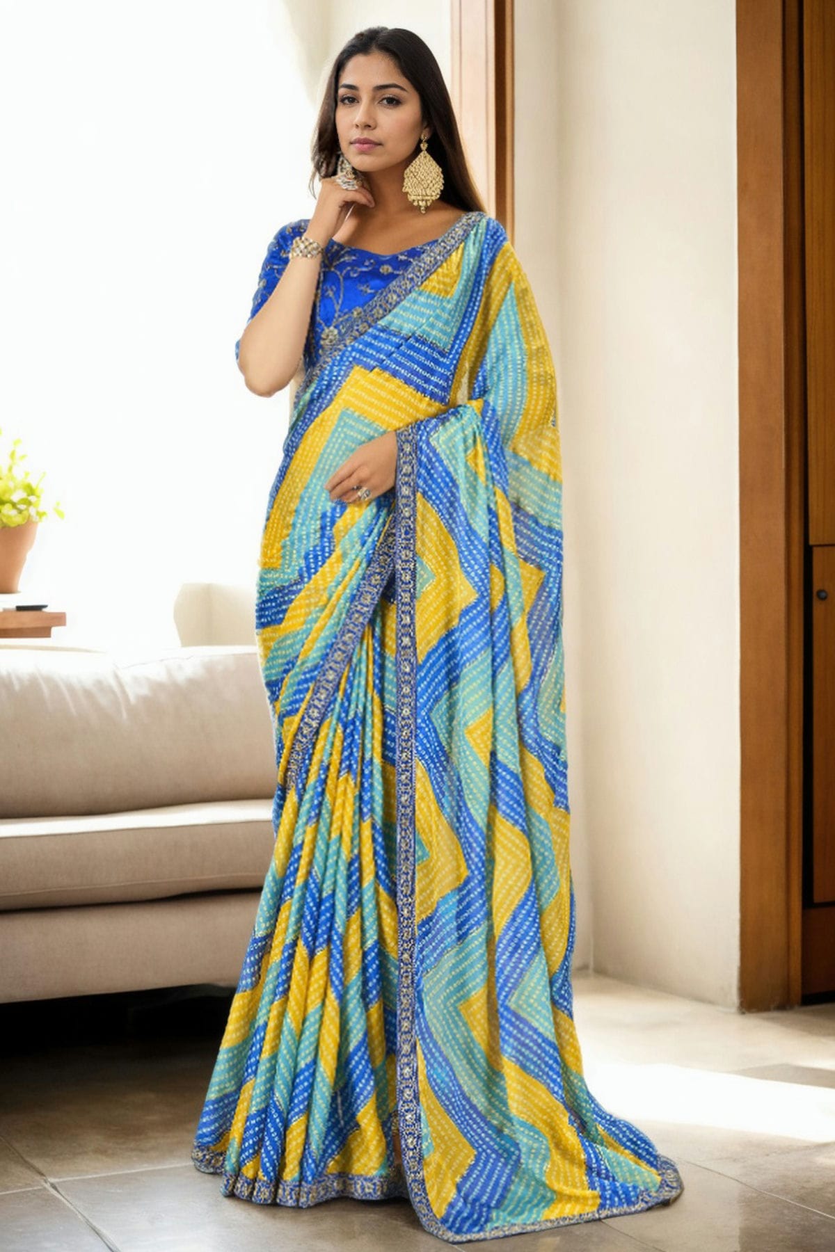 Blue Colour Chinon Printed Saree