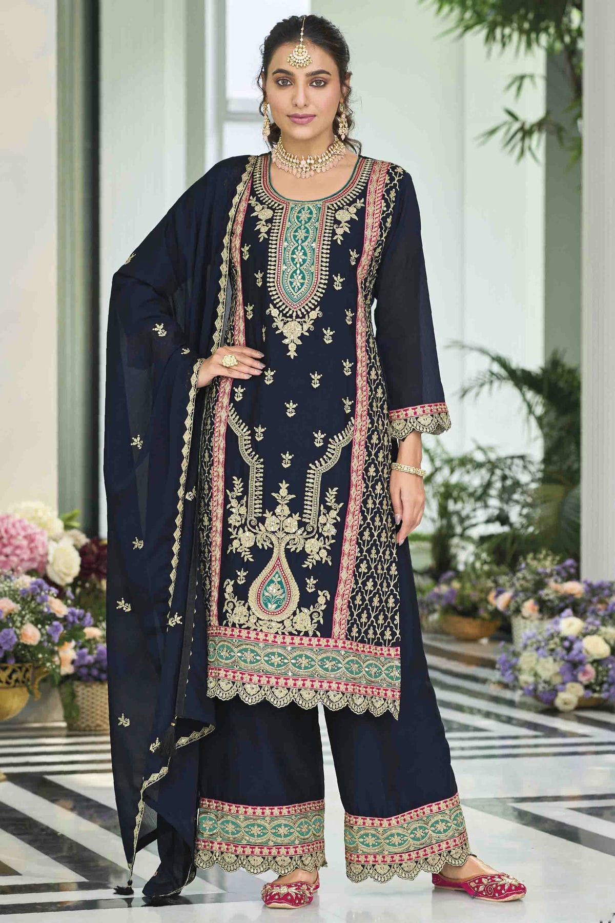 Blue Colour Chinon Stitched Palazzo Pant Suit VSSS1140752