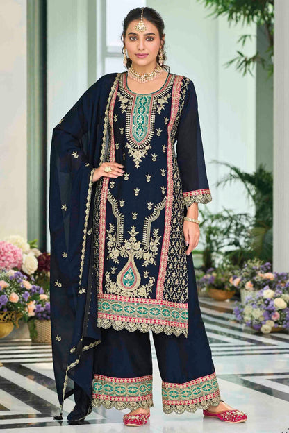 Blue Colour Chinon Stitched Palazzo Pant Suit VSSS1140752