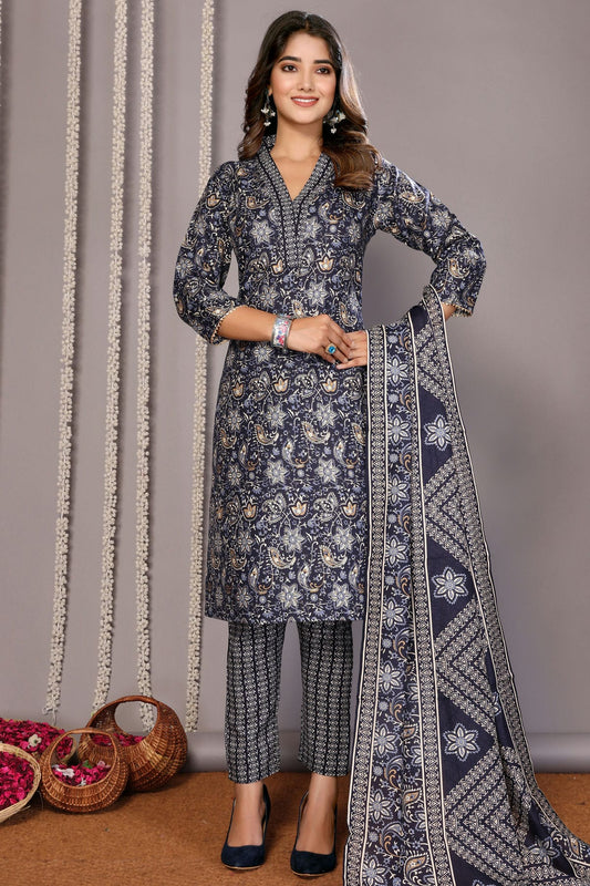 Blue Colour Cotton Blend Stitched Suit