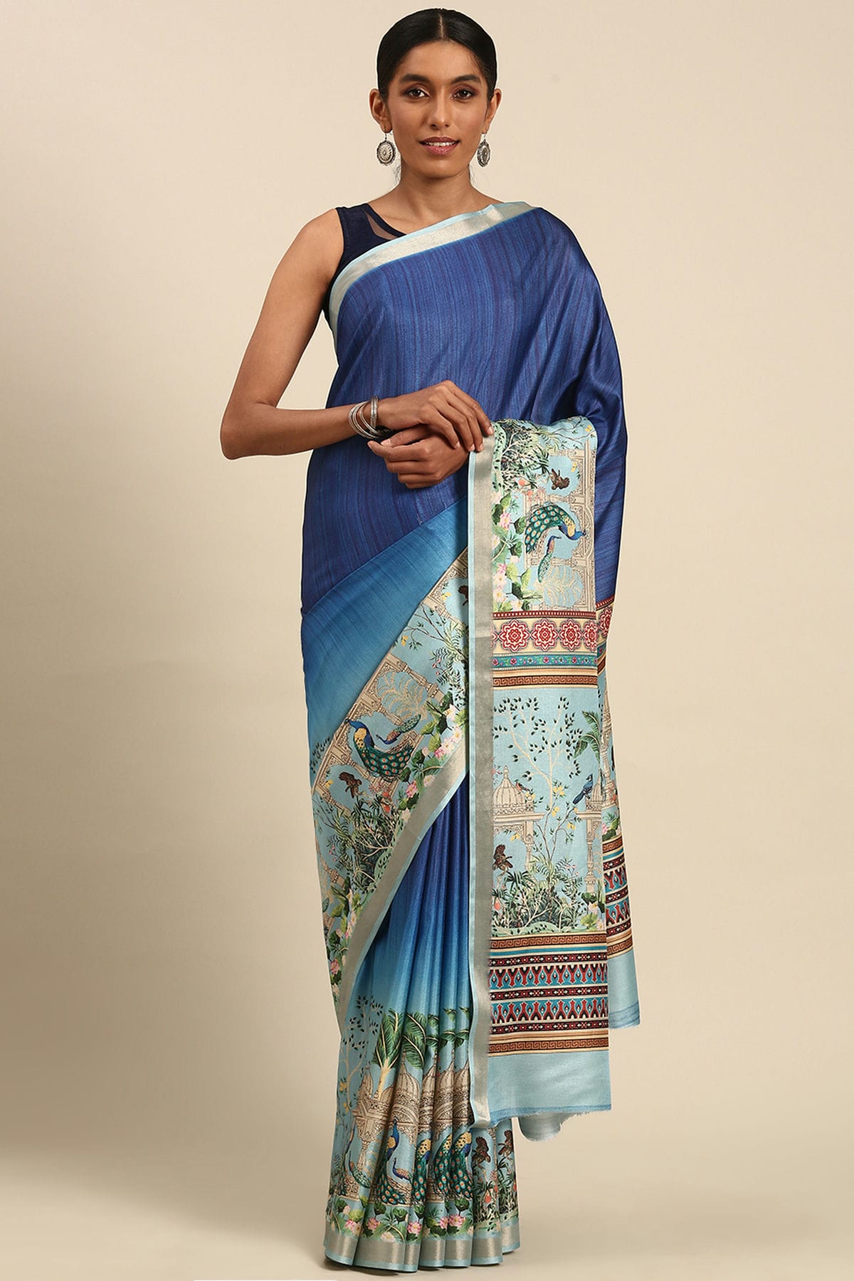 Blue Colour Cotton Digital Printed Printed Saree