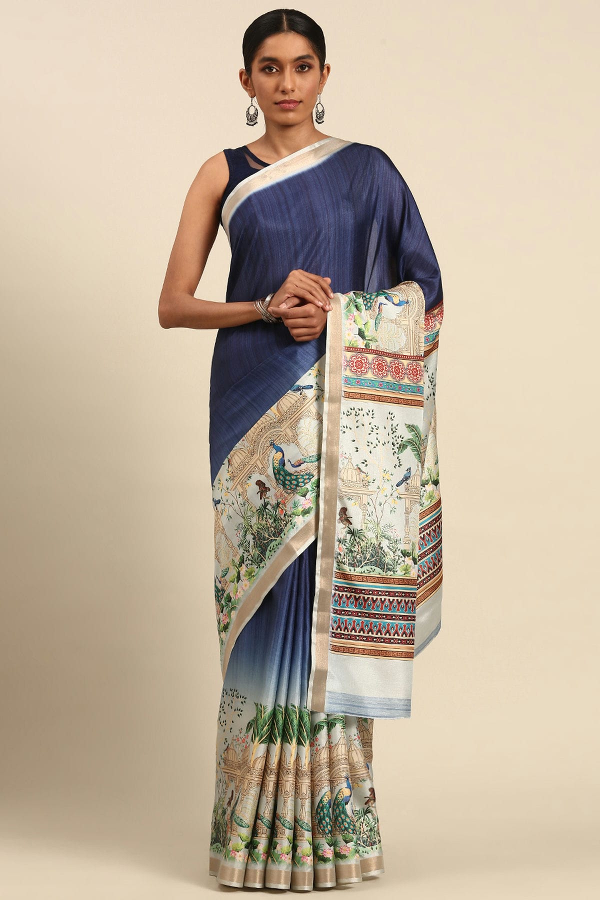 Blue Colour Cotton Digital Printed Printed Saree