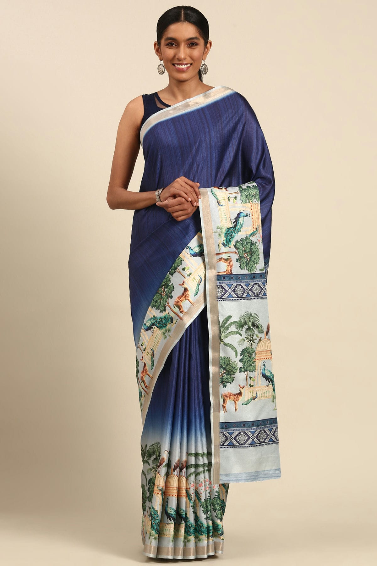 Blue Colour Cotton Digital Printed Printed Saree