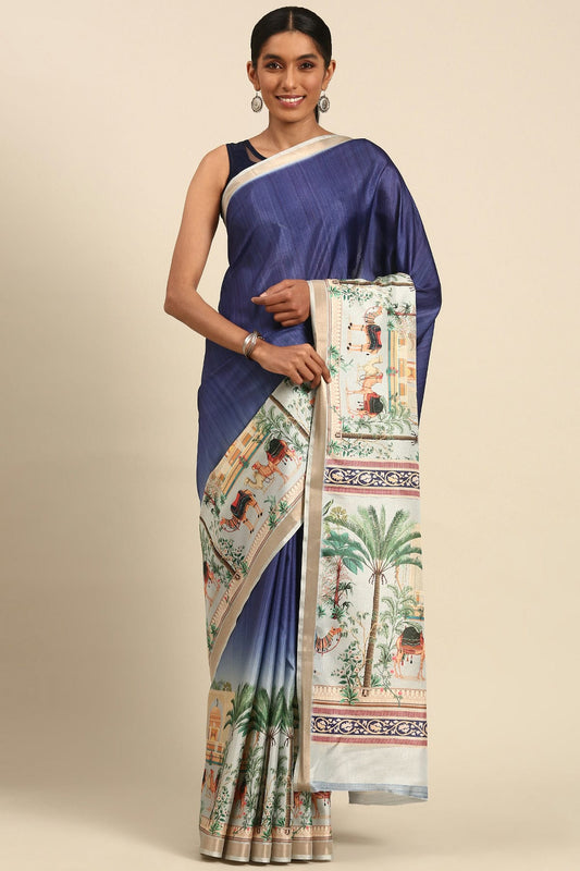 Blue Colour Cotton Digital Printed Printed Saree