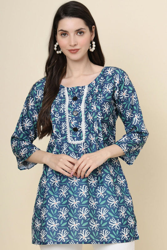 Blue Colour Cotton Printed Work Readymade Top