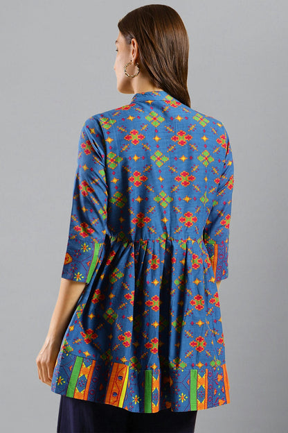 Blue Colour Cotton Printed Work Readymade Top