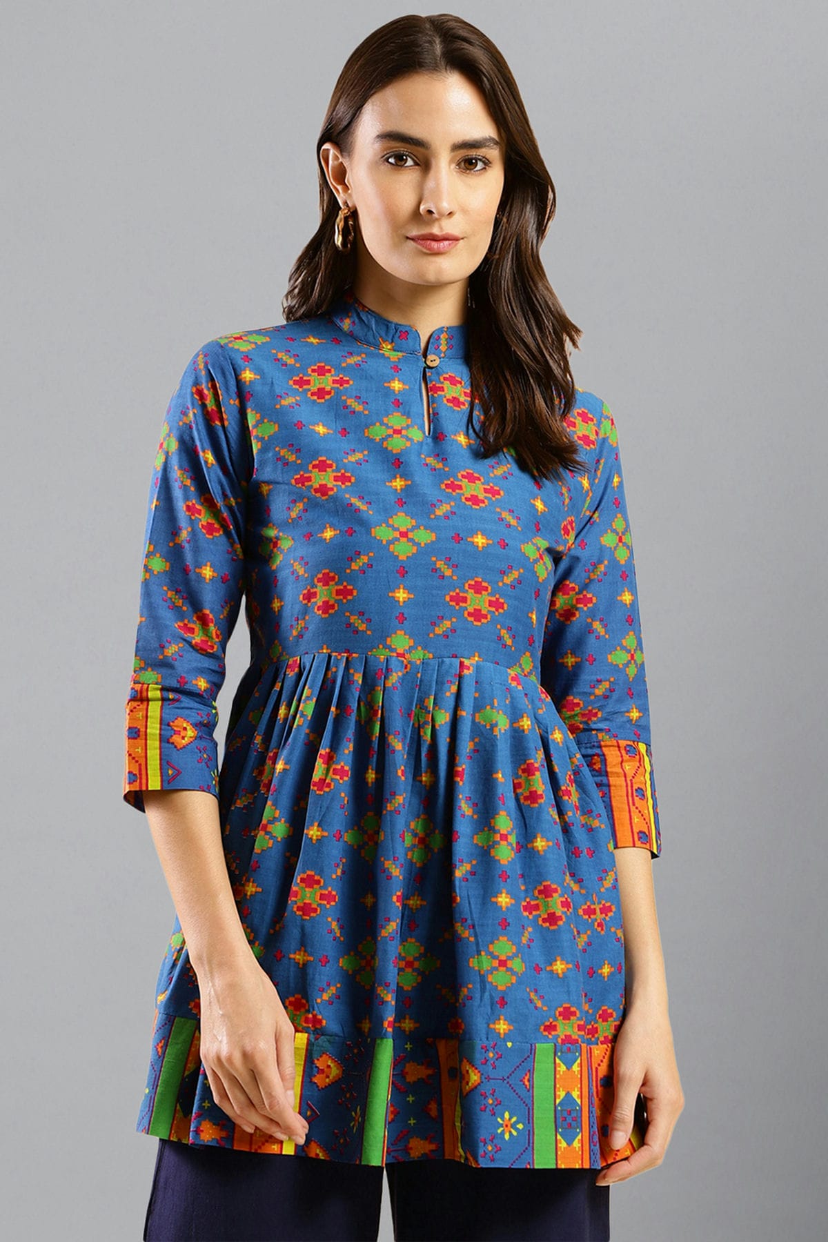 Blue Colour Cotton Printed Work Readymade Top