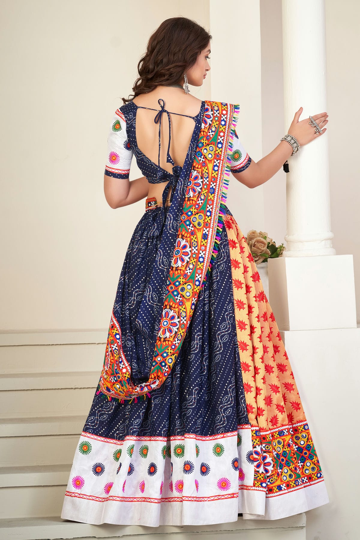 Blue Colour Embroidery Work Cotton Silk Navratri Lehenga