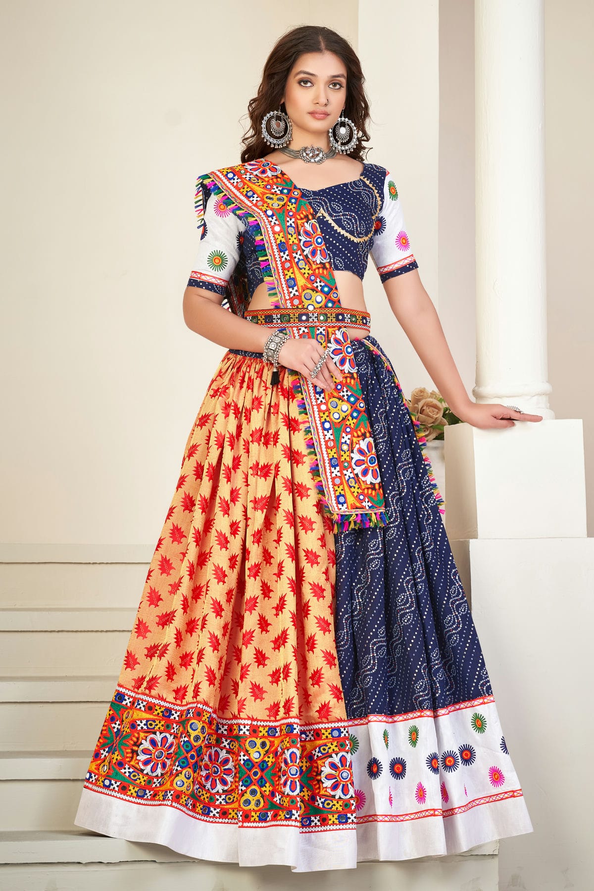 Blue Colour Embroidery Work Cotton Silk Navratri Lehenga