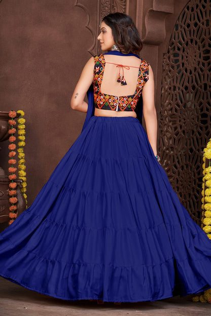 Blue Colour Embroidery Work French Crepe Navratri Lehenga