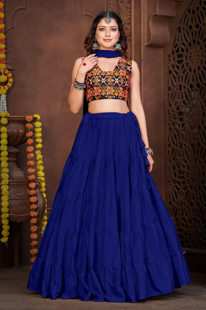 Blue Colour Embroidery Work French Crepe Navratri Lehenga