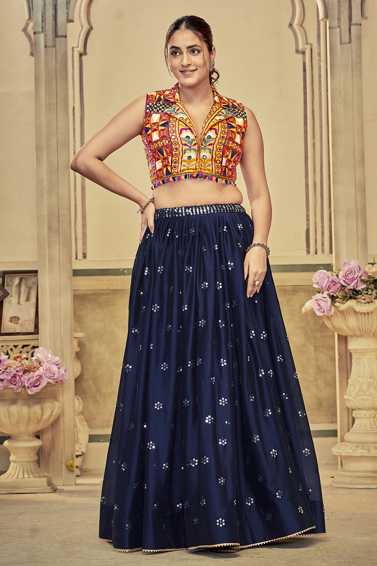 Blue Colour Embroidery Work Rangoli Silk Navratri Lehenga