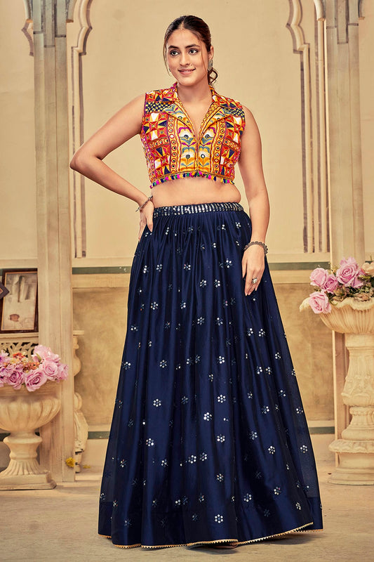 Blue Colour Embroidery Work Rangoli Silk Navratri Lehenga