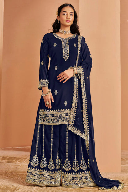 Blue Colour Faux Georgette Palazzo Pant Suit