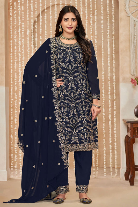 Blue Colour Faux Georgette Pant Style Suit