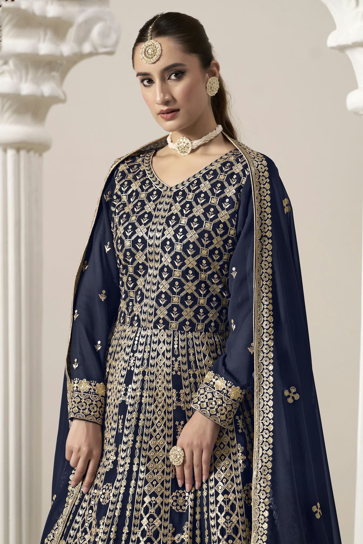 Blue Colour Faux Georgette Semi Stitched Anarkali Suit VSSM1050627