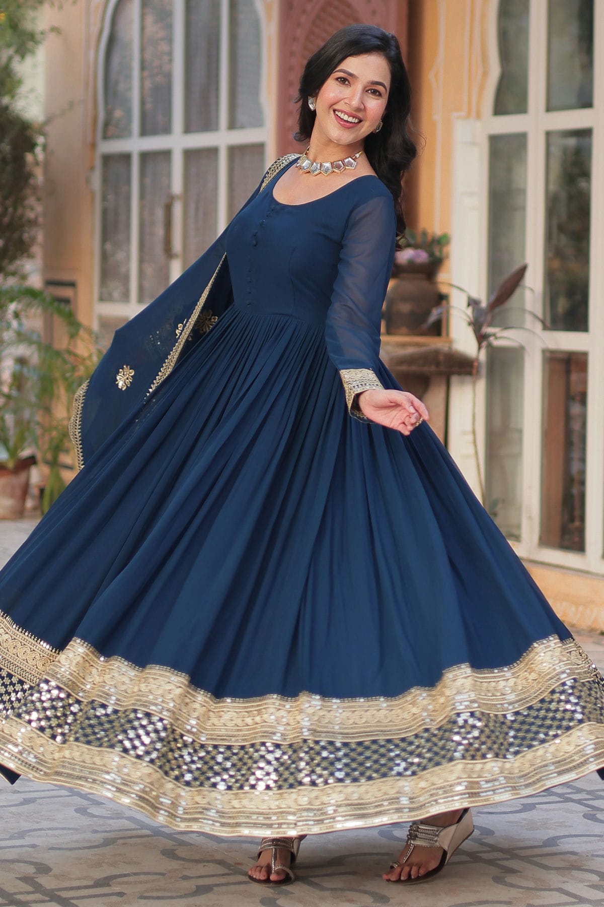 Blue Colour Faux Georgette Stitched Gown VSGW1112335