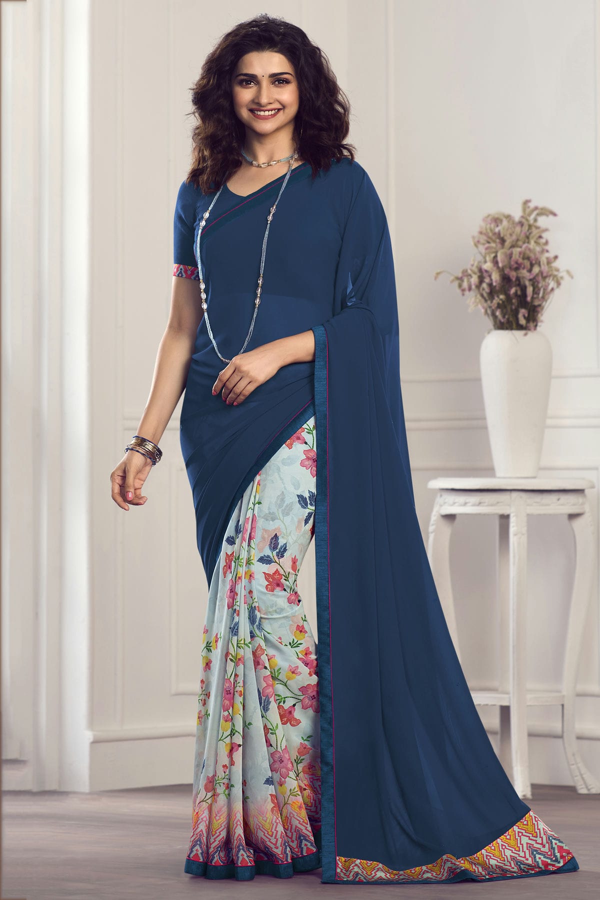 Blue Colour Georgette Printed Saree