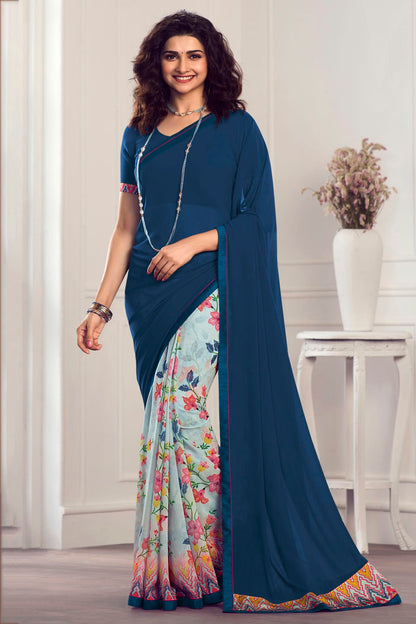 Blue Colour Georgette Printed Saree