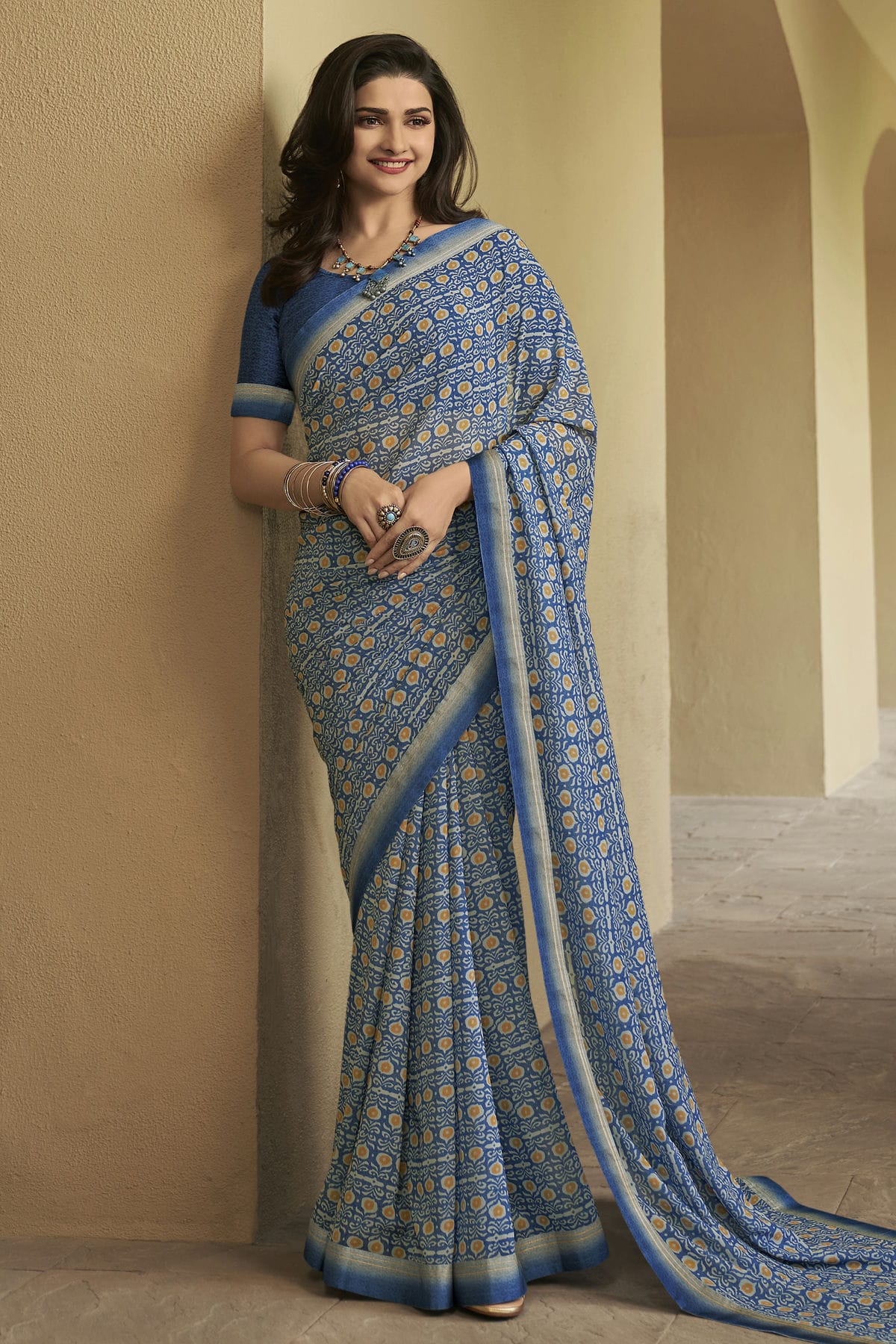 Blue Colour Georgette Printed Saree