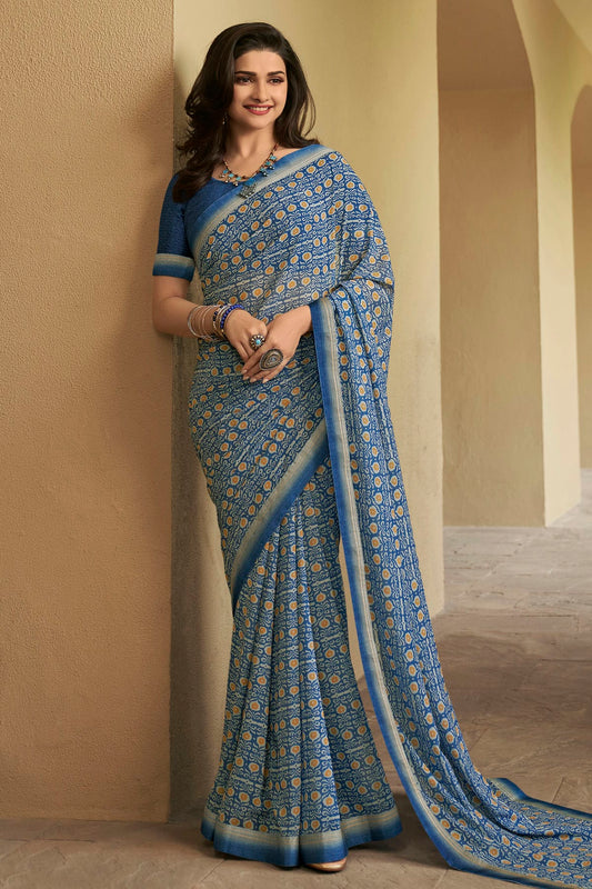 Blue Colour Georgette Printed Saree