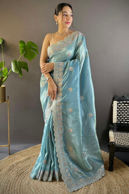 Blue Colour Gold Crunchy Designer Saree