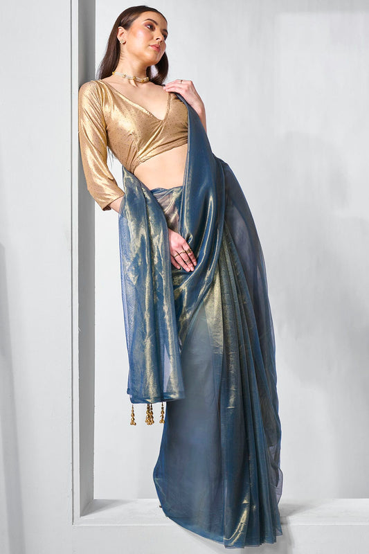 Blue Colour Gold Tissue Net Designer Saree