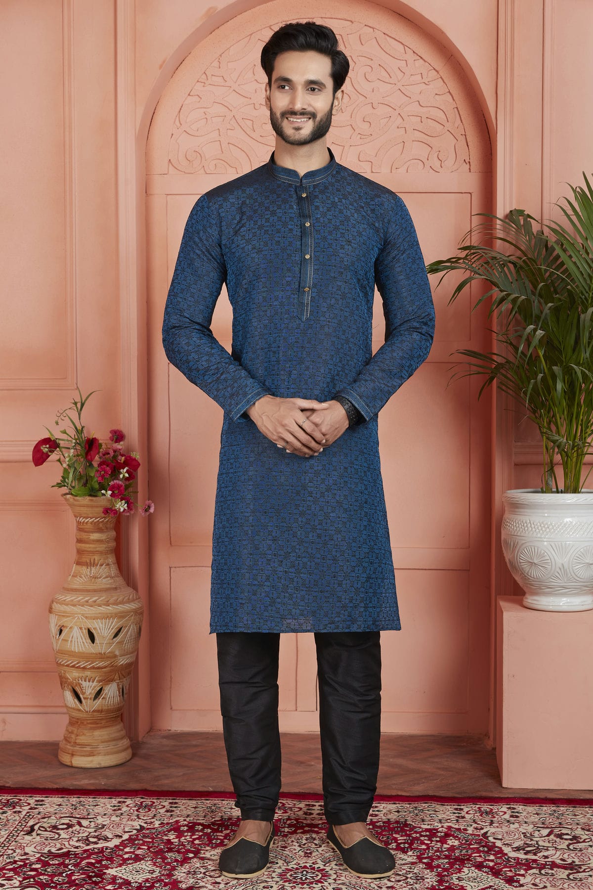 Blue Colour Jacquard Silk Brocade Kurta Pajama