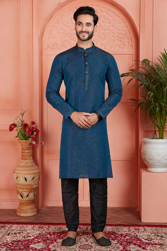 Blue Colour Jacquard Silk Brocade Kurta Pajama