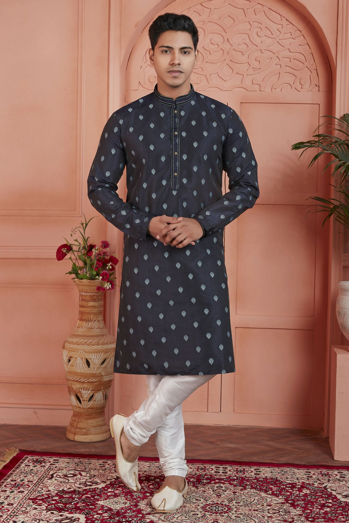 Blue Colour Jacquard Silk Brocade Kurta Pajama