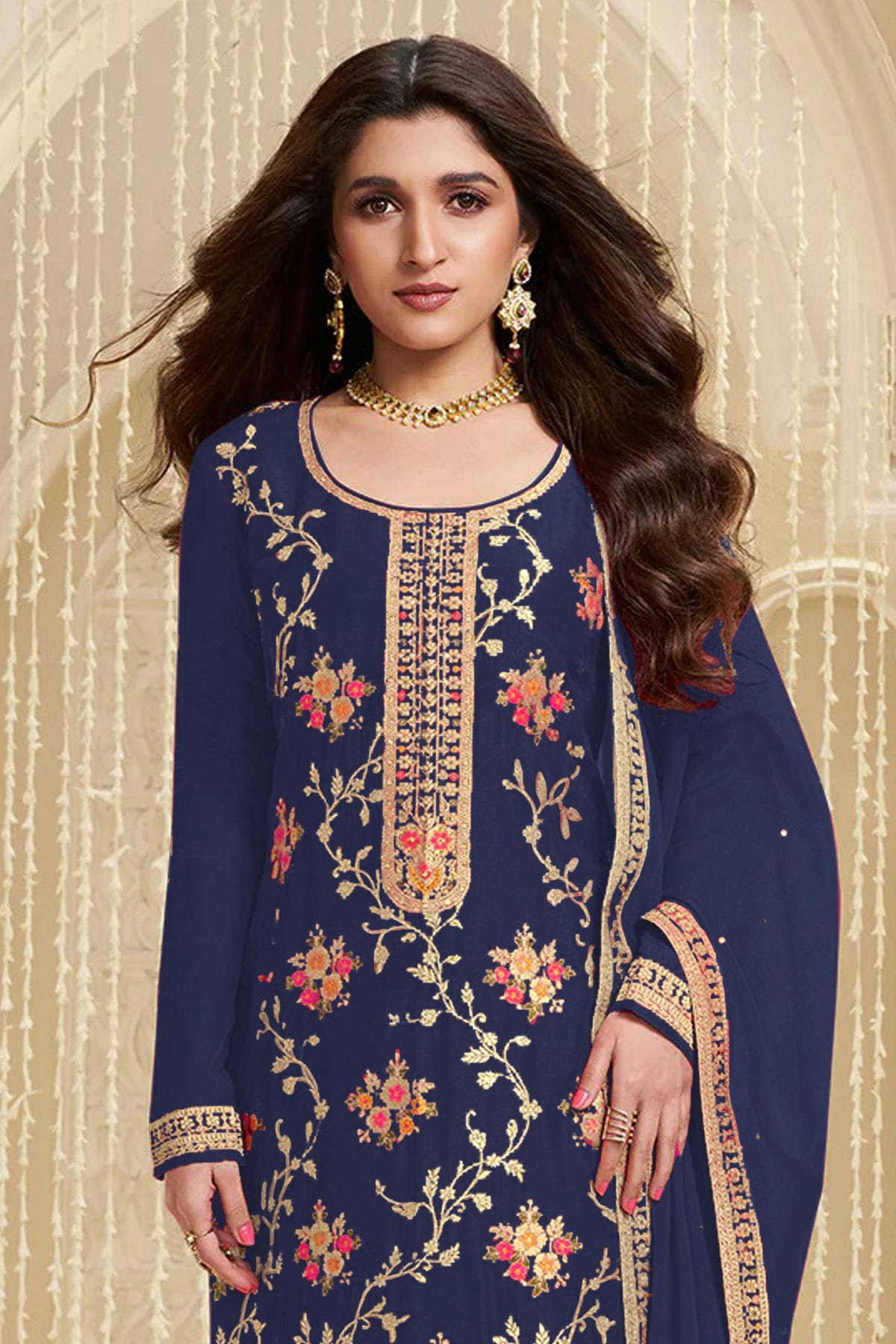 Blue Colour Jacquard Viscose Straight Suit VSSM1140582