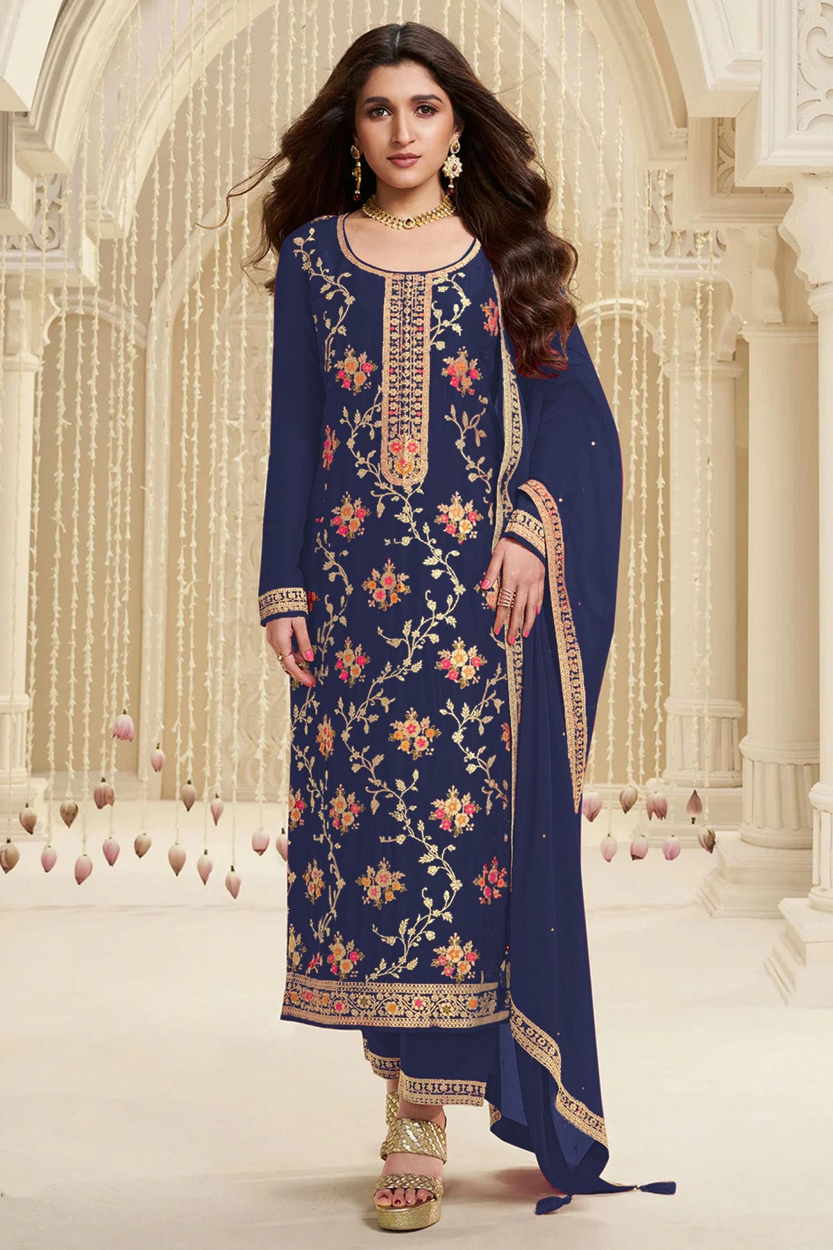 Blue Colour Jacquard Viscose Straight Suit