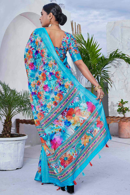 Blue Colour Linen Blend Printed Saree