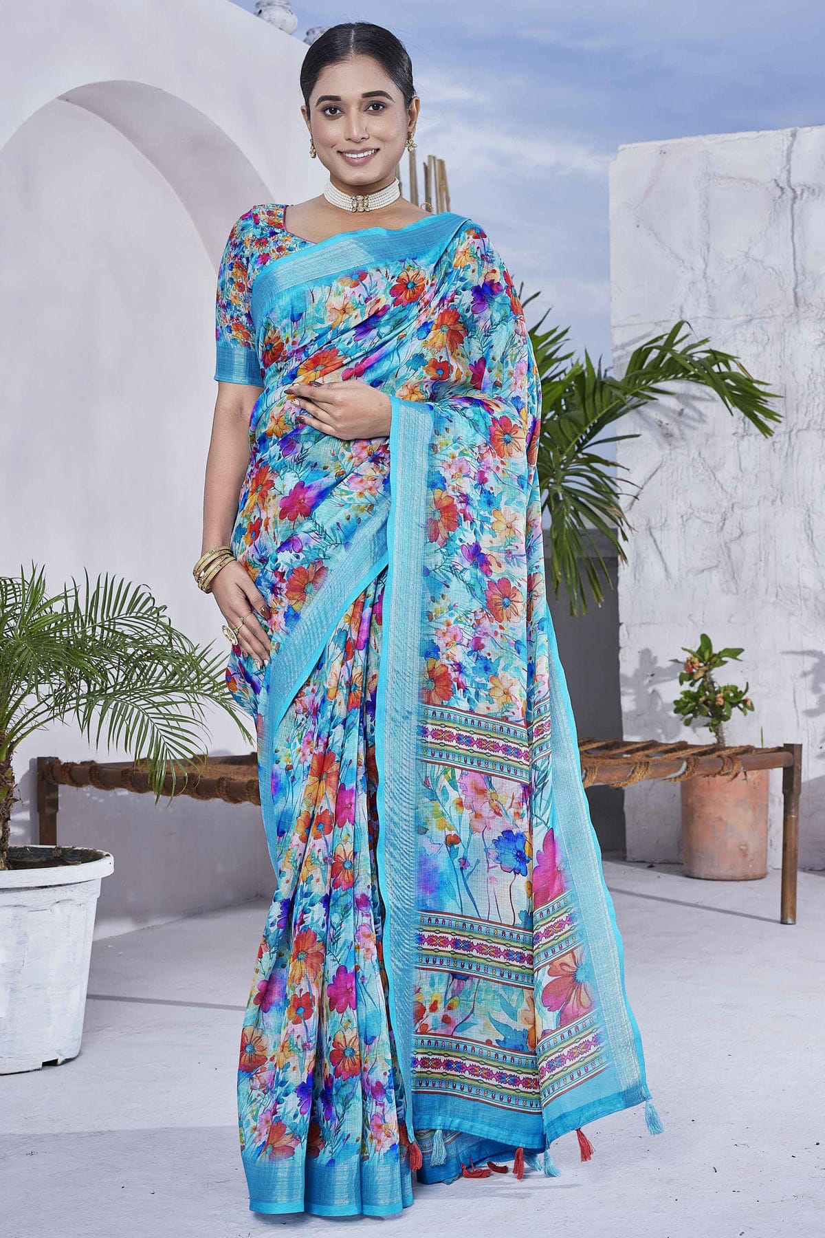 Blue Colour Linen Blend Printed Saree