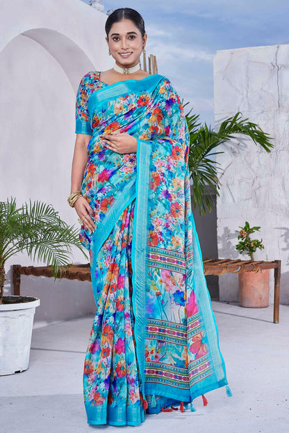 Blue Colour Linen Blend Printed Saree