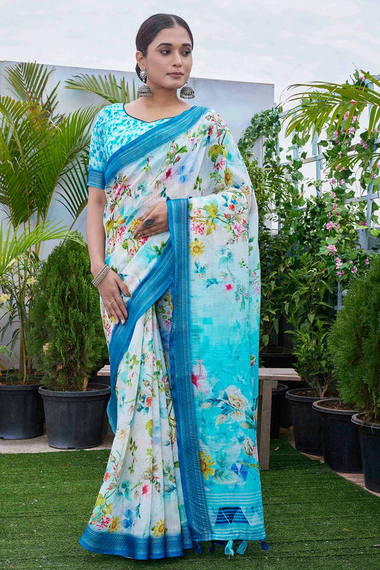 Blue Colour Linen Blend Printed Saree