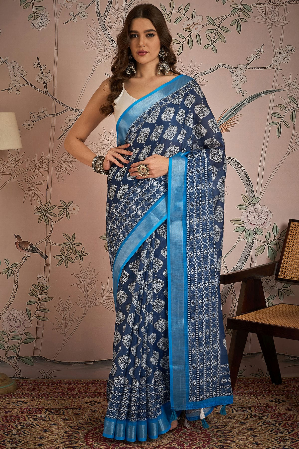 Blue Colour Linen Blend Printed Saree