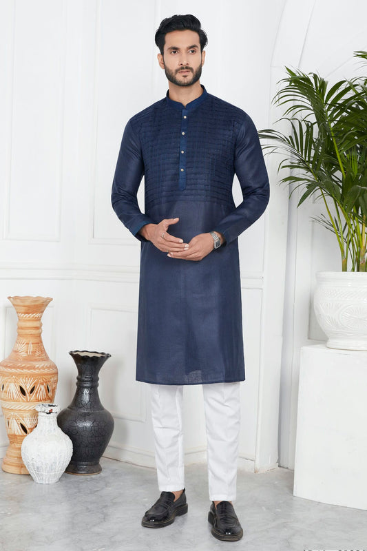 Blue Colour Linen Cotton Pintex Work Kurta Pajama