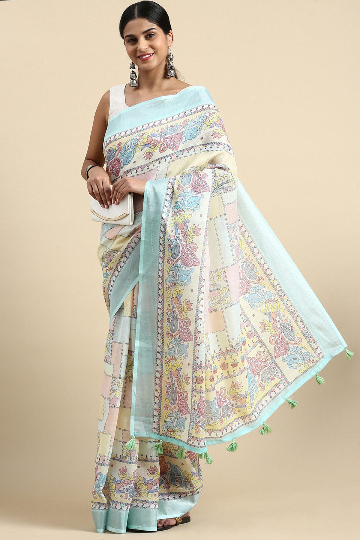 Blue Colour Linen Saree