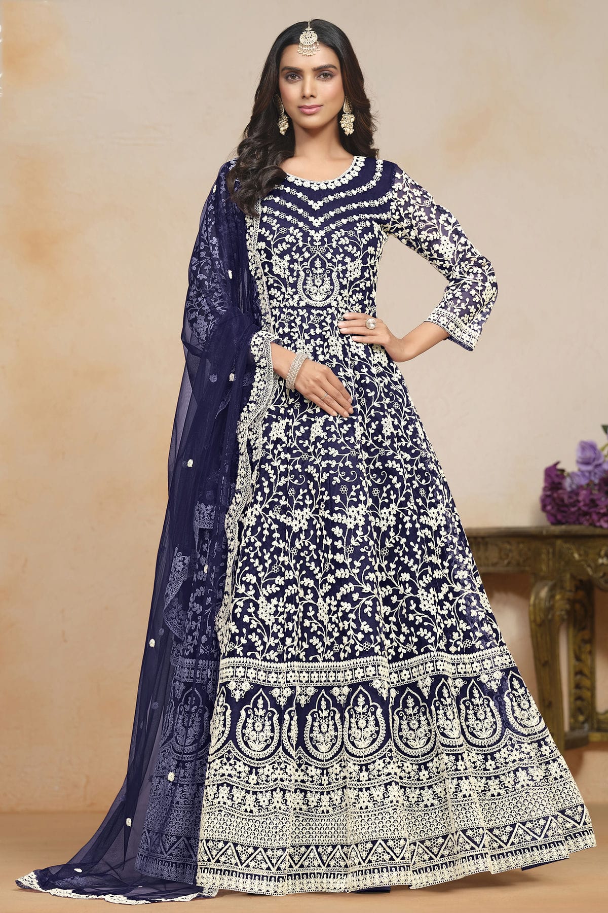 Blue Colour Net Semi Stitched Anarkali Suit