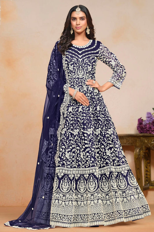 Blue Colour Net Semi Stitched Anarkali Suit