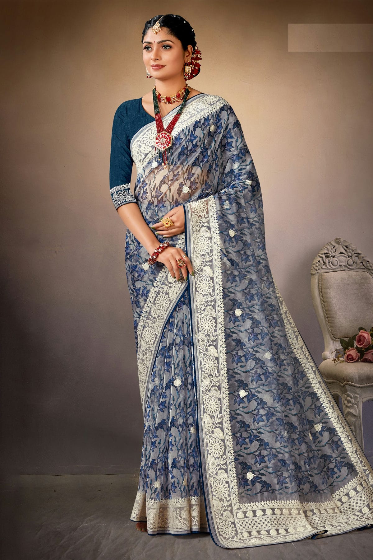 Blue Colour Organza Printed Saree